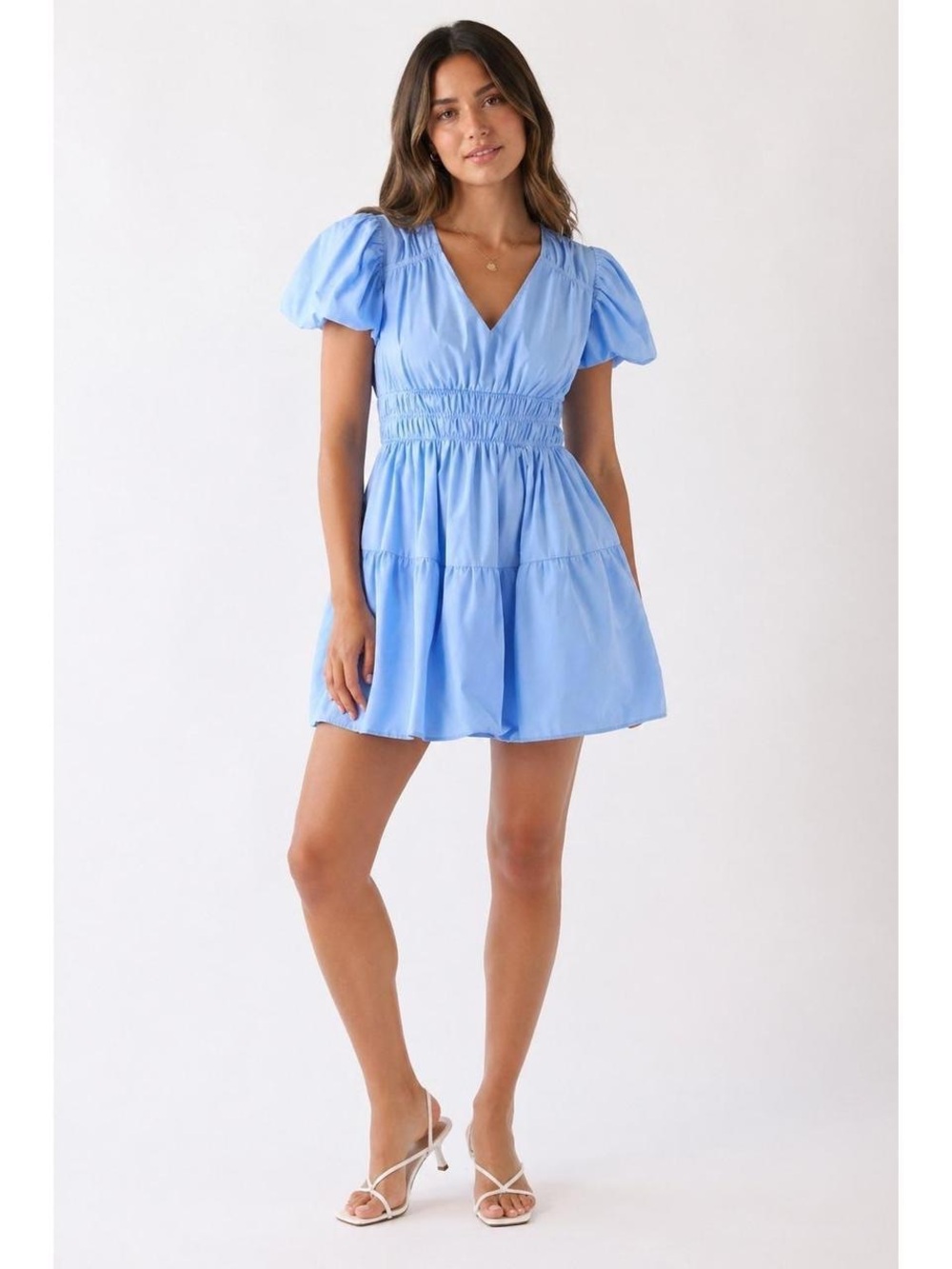 Moon River Baby Blue Puff Sleeve Mini Dress with pockets!